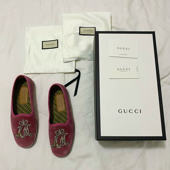 Gucci Pink Velvet Pearl Monogram Slip on Loafers - Picture 10 of 11